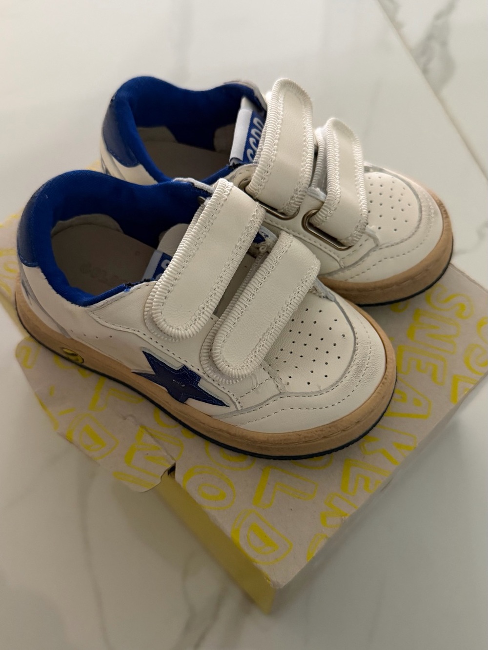 Golden Goose brand new Kids White and Blue Velcro Sneakers
